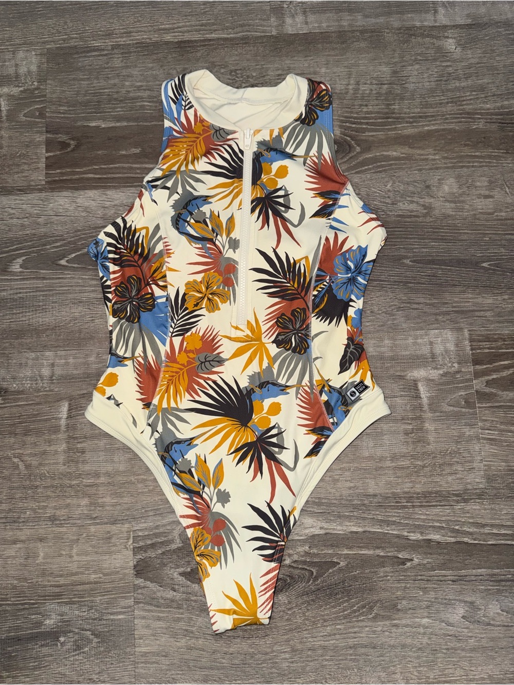 Salty Crew One Piece Zip Front Swimsuit M Tropical Floral Orange Red Blue